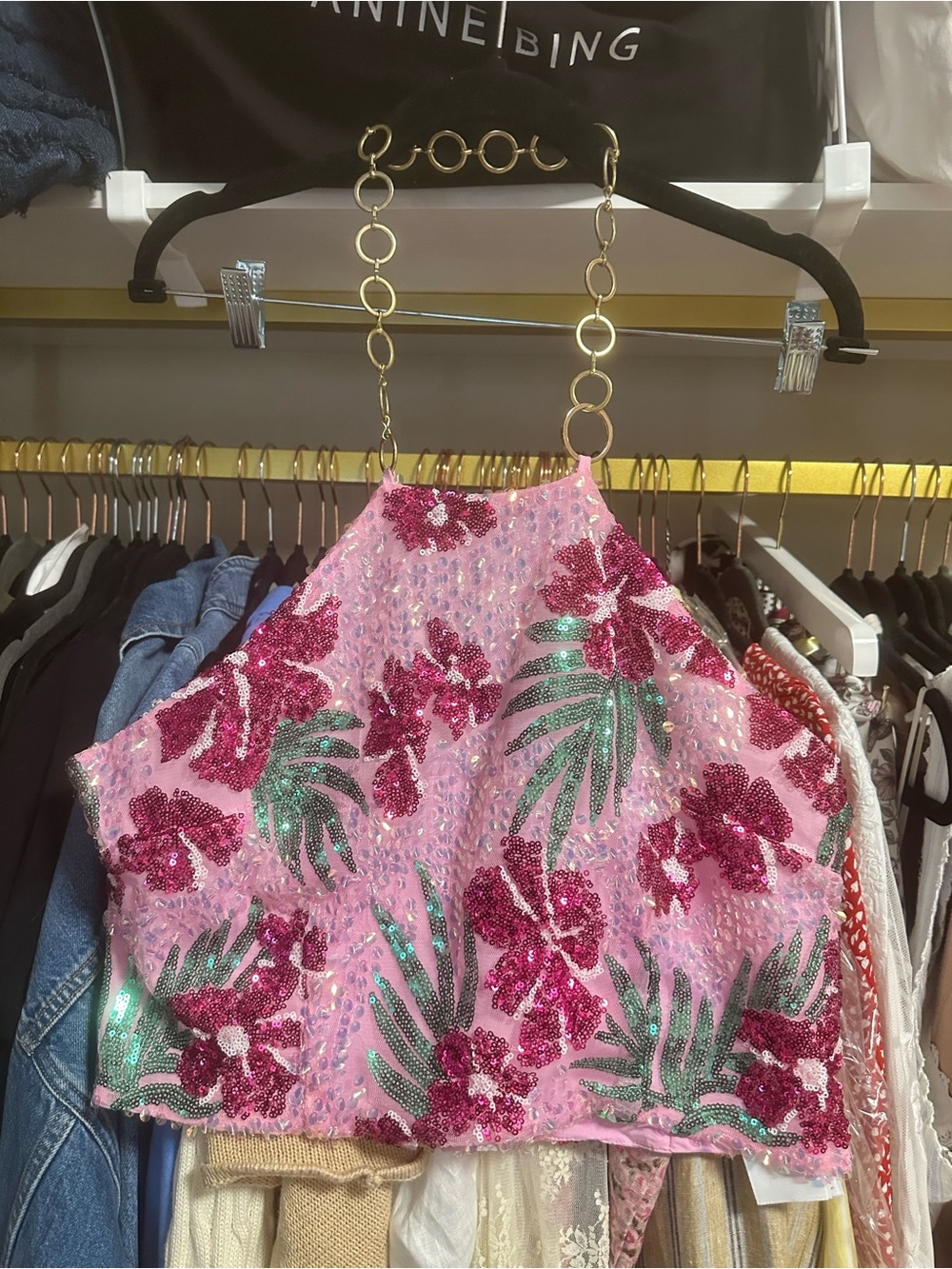 MAJE Hibiscus Sequin Tropical Crop Halter Top 🌺